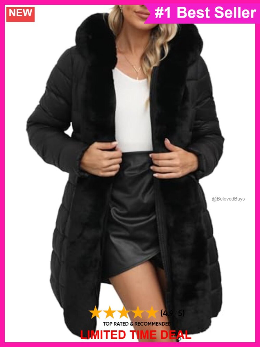 Faux Leather Quilted Puffer Jacket Hooded Winter Coat Faux Fur Lined